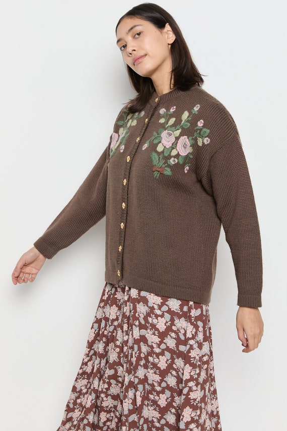 70s Cocoa Embroidered Bouquet Cardigan L - image 4