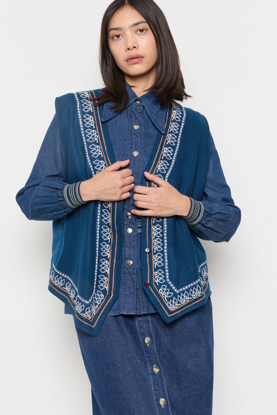80s Blue Wool Embroidered Vest XL - image 2