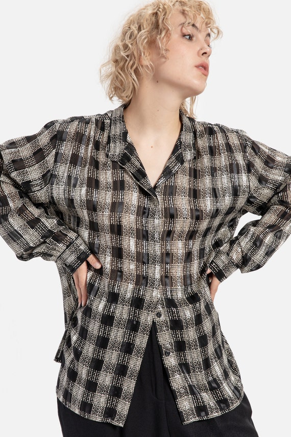 80s B&W Plaid Sheer Blouse L - image 3