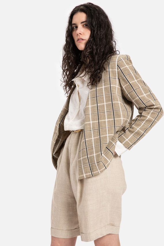 80s Tan Plaid Blazer M Gem