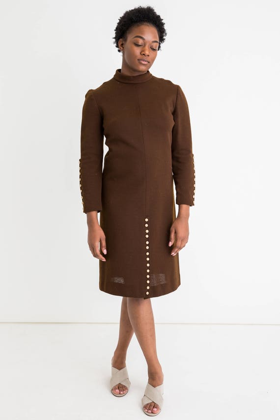 70s Brown Button Dress M