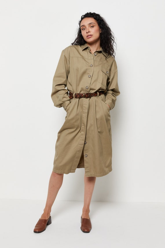 90s Khaki Button Down Shirt Dress M/L - image 1