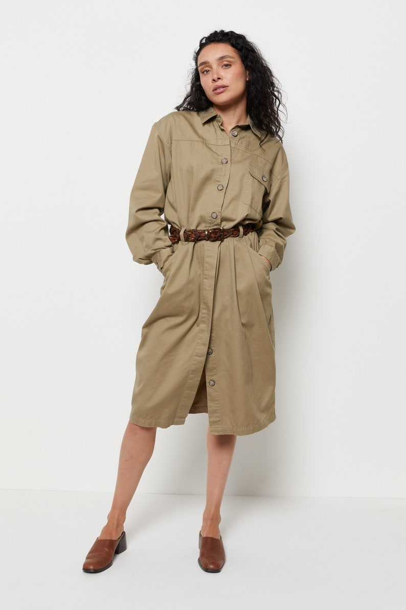 90s Khaki Button Down Shirt Dress M/L Etsy
