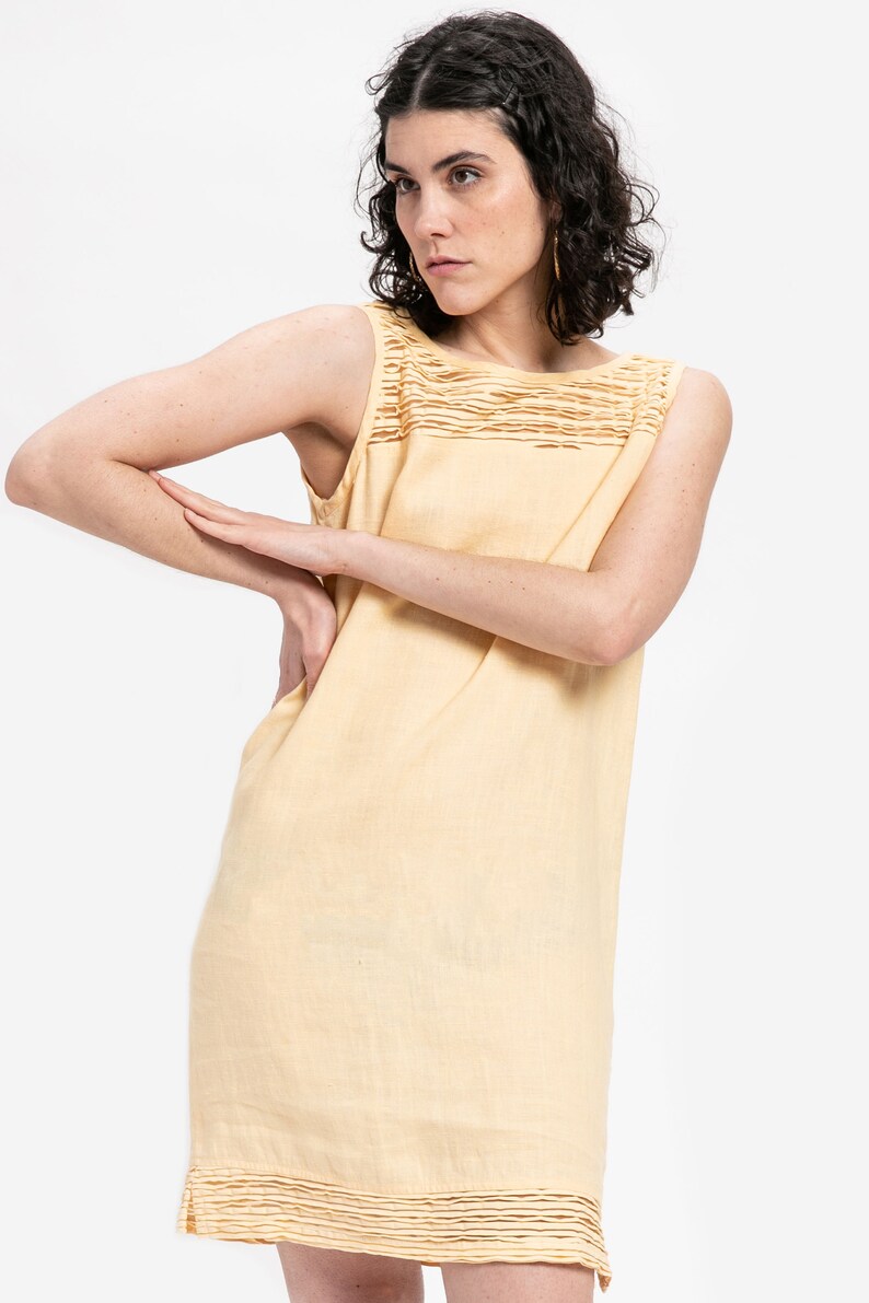 80s Butter Linen Shift Dress M