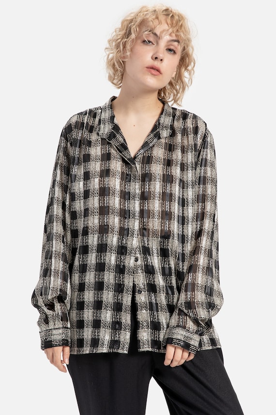 80s B&W Plaid Sheer Blouse L - image 2