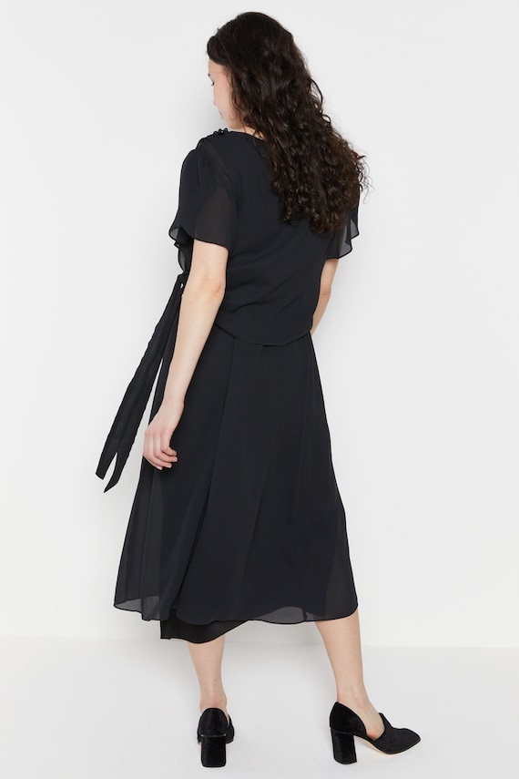 70s Black Layered Chiffon Tie Dress M/L