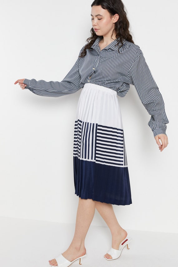 80s Navy Color Block Pleated Skirt S/M