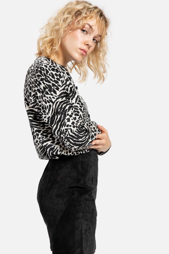 80s B&W Animal Print Silk Blouse S - image 3