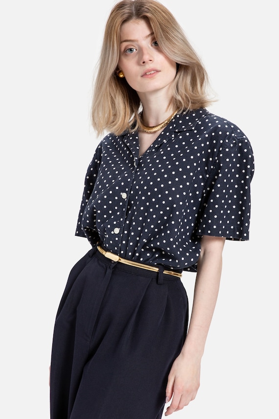 80s Navy Polka Dot Linen Top L - image 2