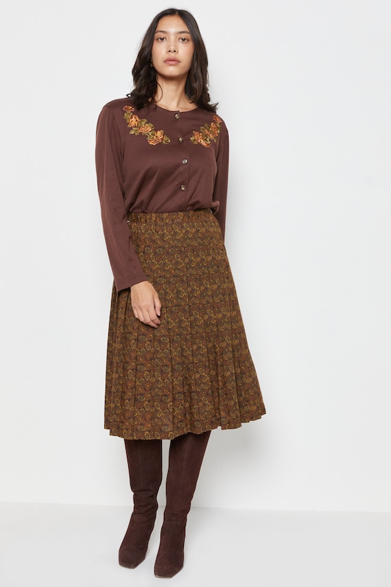 70s Chocolate Paisley Pleated Skirt M/L