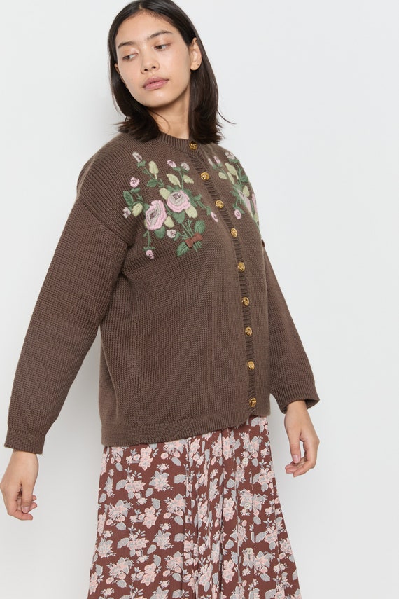 70s Cocoa Embroidered Bouquet Cardigan L - image 10