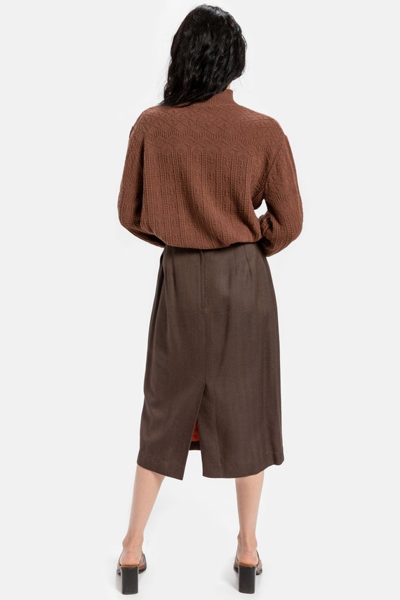 90s Brown Herringbone Pencil Skirt S - image 4