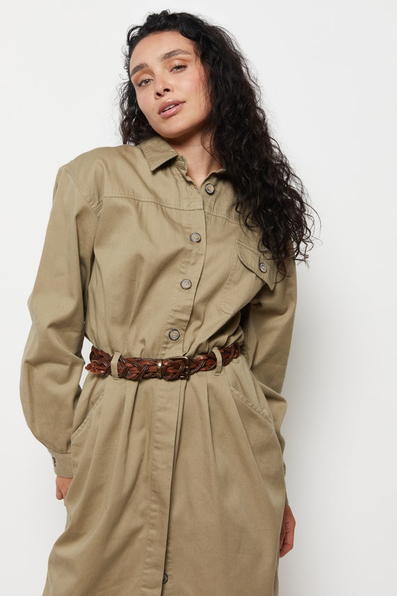 90s Khaki Button Down Shirt Dress M/L - image 4