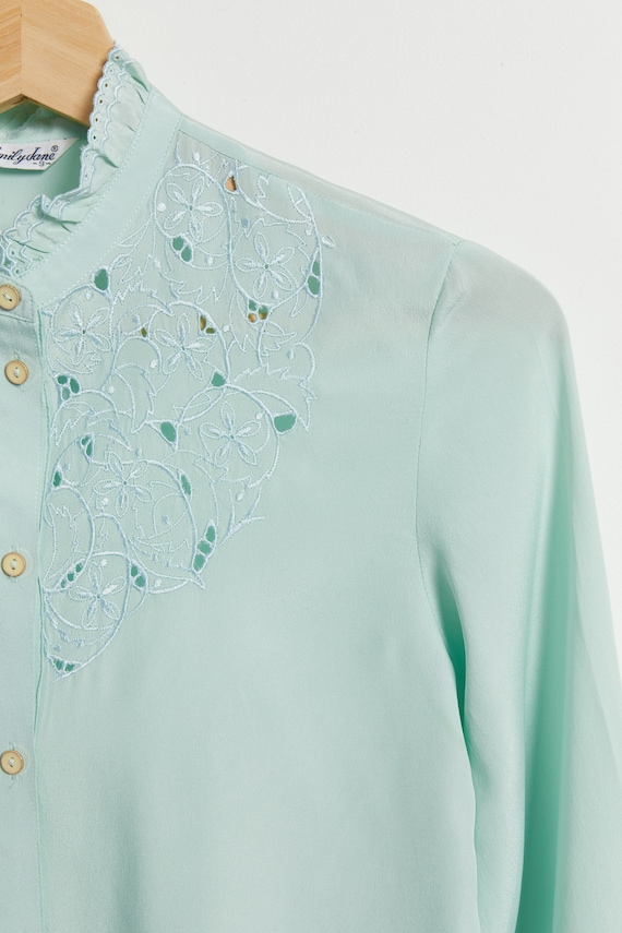 70s Sea Foam Eyelet Blouse S - image 4