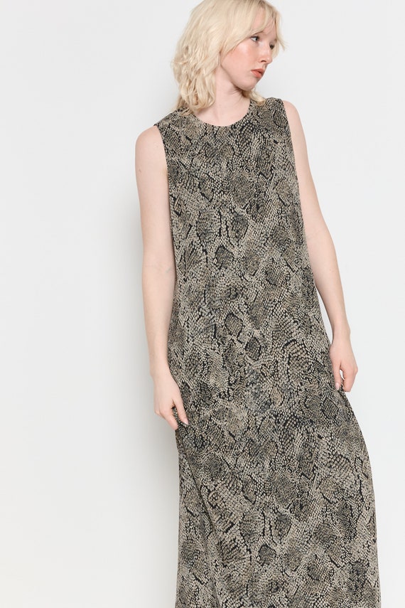 90s Taupe Snake Print Chiffon Maxi Dress L - image 3