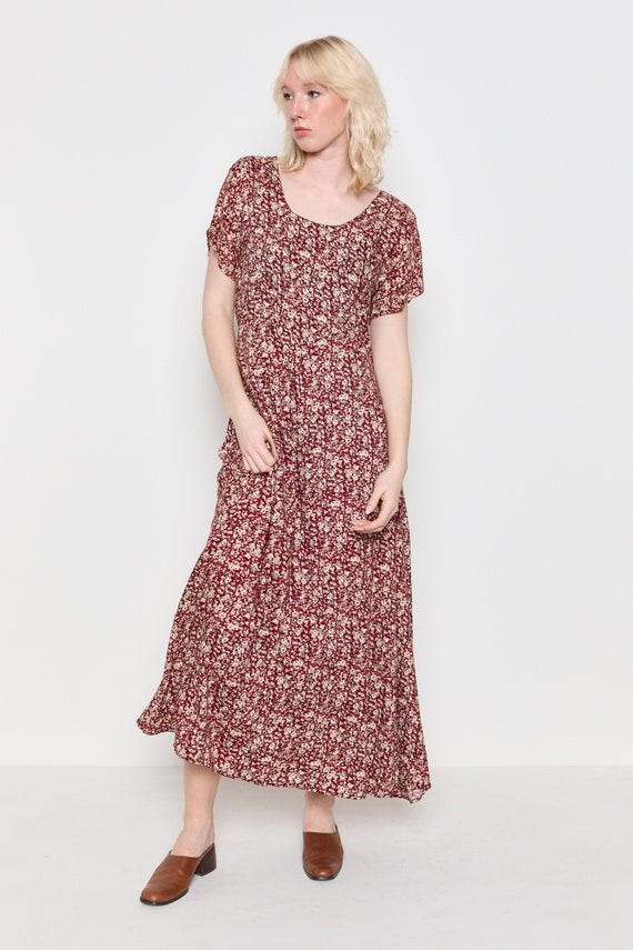 90s Wine Floral Lace Up Market Dress L