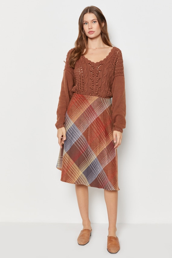 70s Autumn Plaid Skirt L/XL