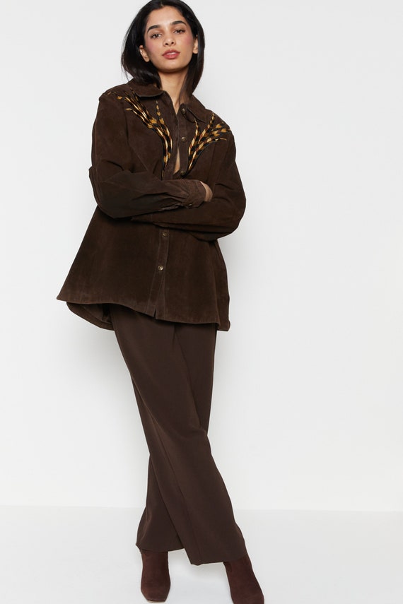 80s Chocolate Suede Embroidered Bob Mackie Jacket 