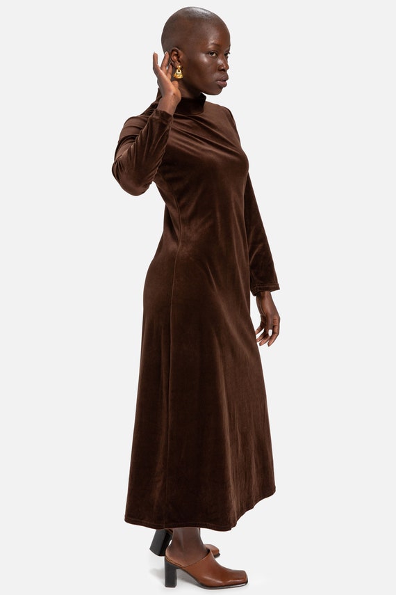 70s Chocolate Velvet Turtleneck Dress M 