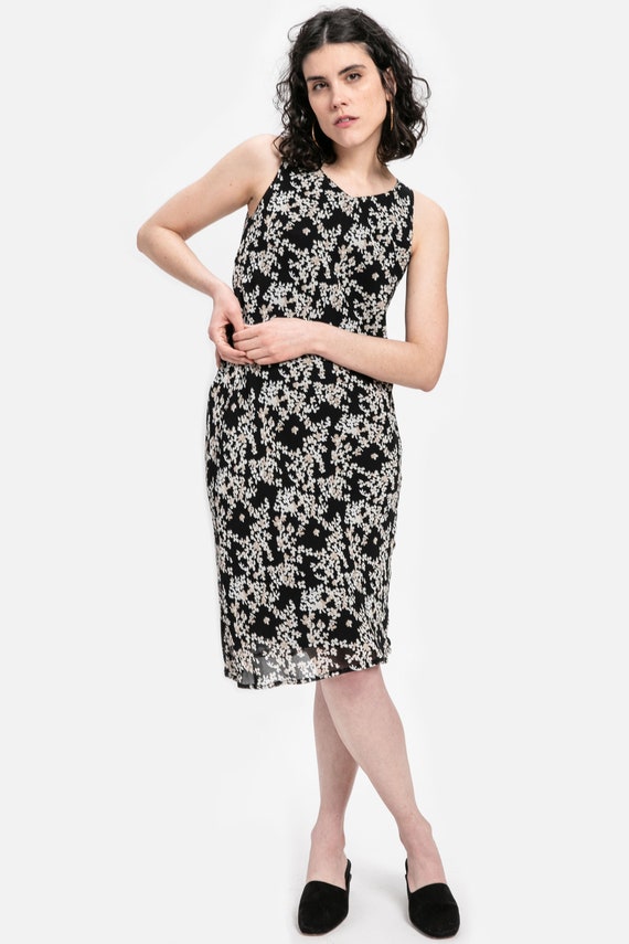 90s B&W Floral Chiffon Dress XS