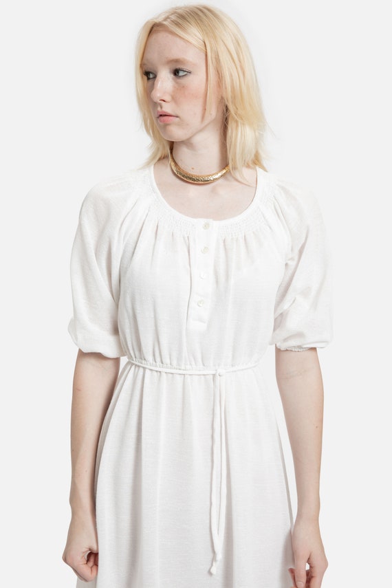 70s White Sheer Puff Sleeve Secretary Dress S - image 10