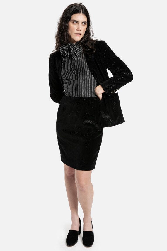 90s Black Velvet Sparkle Suit Pencil Skirt S - image 9