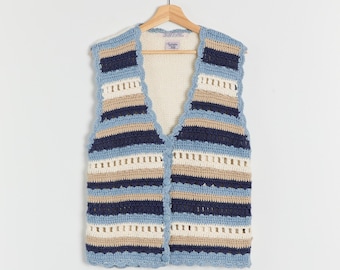 90s Navy Blue Striped Button Sweater Vest L