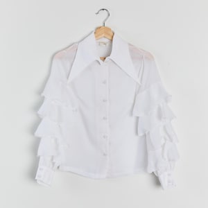トップス vintage like sheer frill blouse Women Full Sleeve Frill Tops Sexy See Through Sheer Ruffle