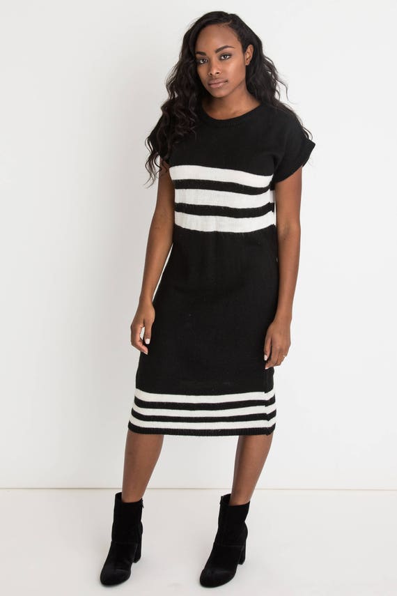 80s Black Stripe Sweater Dress M - image 2