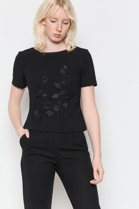80s Black Embroidered Floral Evening Top S