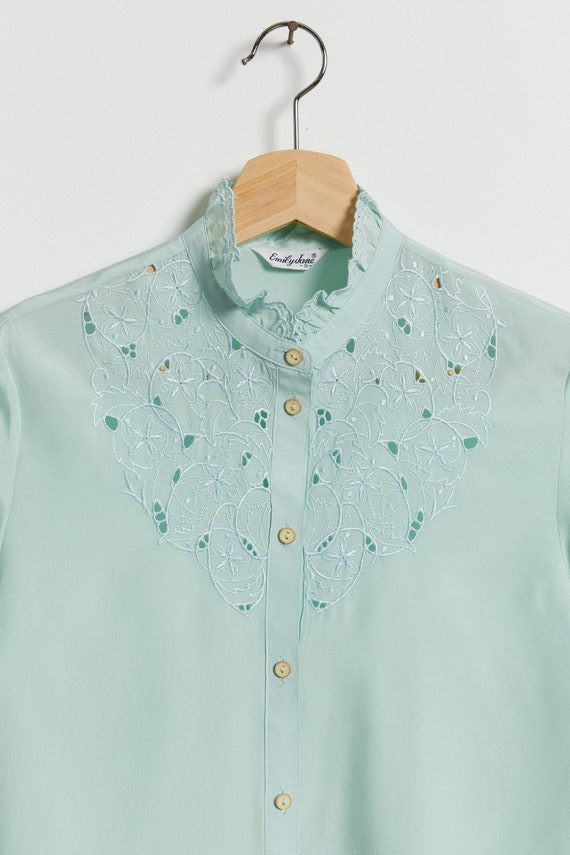 70s Sea Foam Eyelet Blouse S - image 8