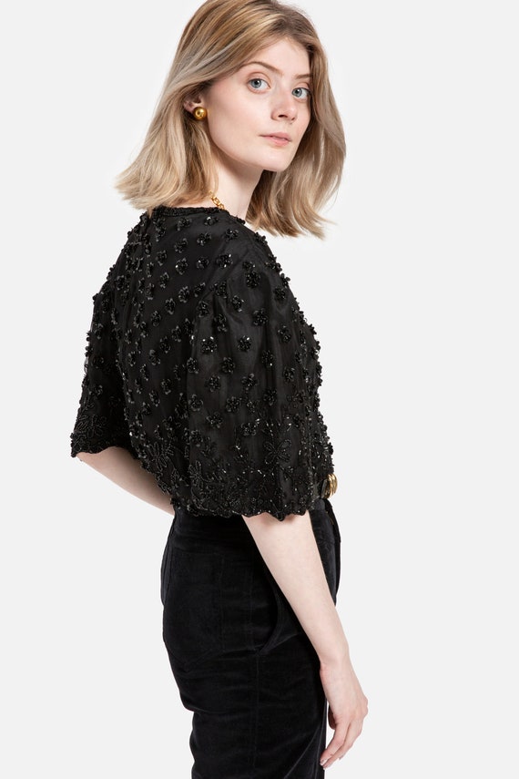 80s Black Silk Sequin Top M - image 5