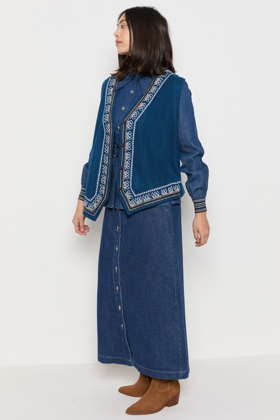 80s Blue Wool Embroidered Vest XL - image 8