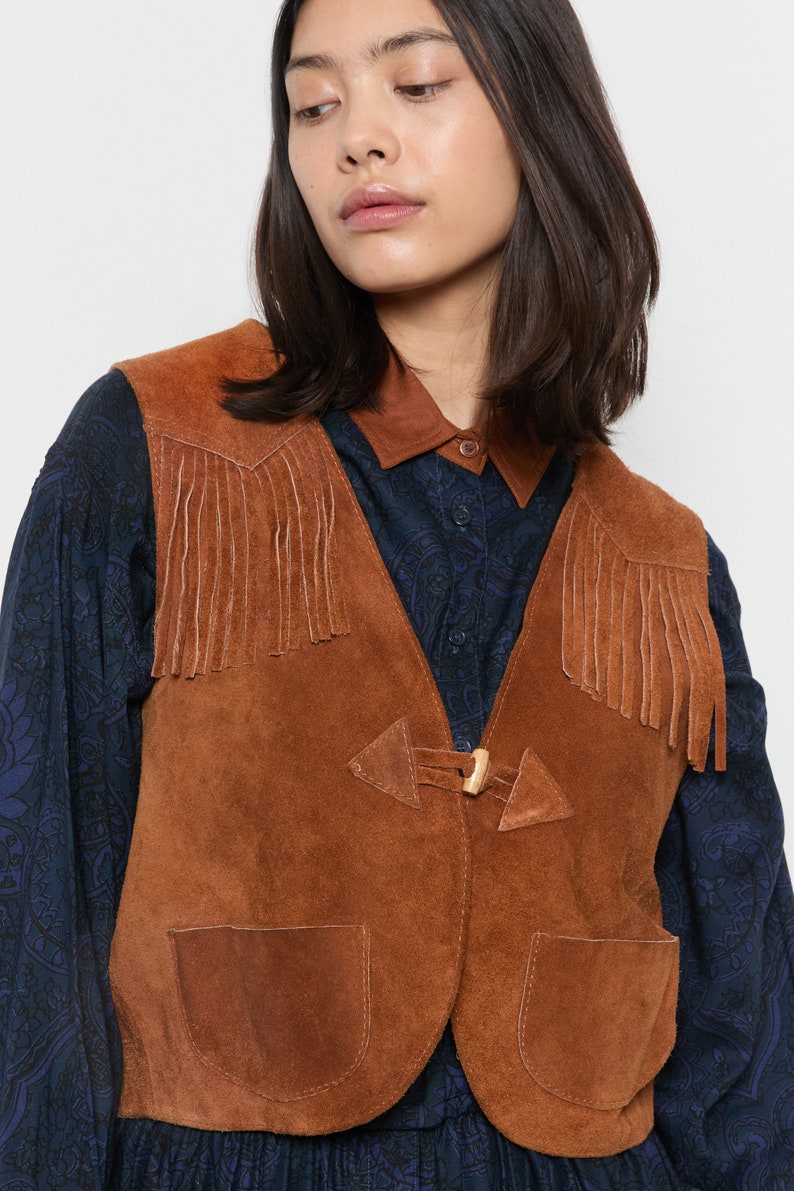 70s Whiskey Suede Fringe Vest M image 2