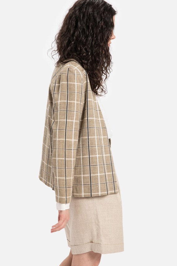 80s Tan Plaid Blazer M Gem