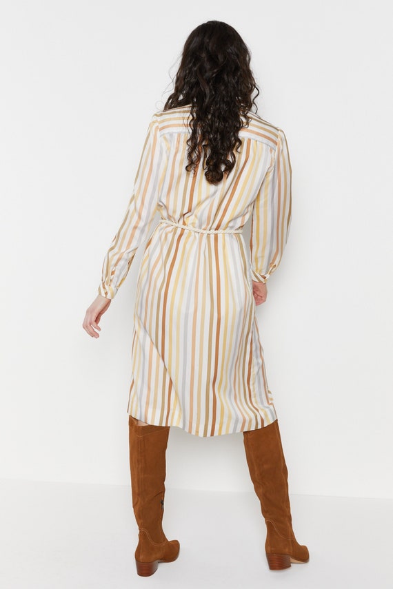 70s Yellow Striped Shirt Dress L