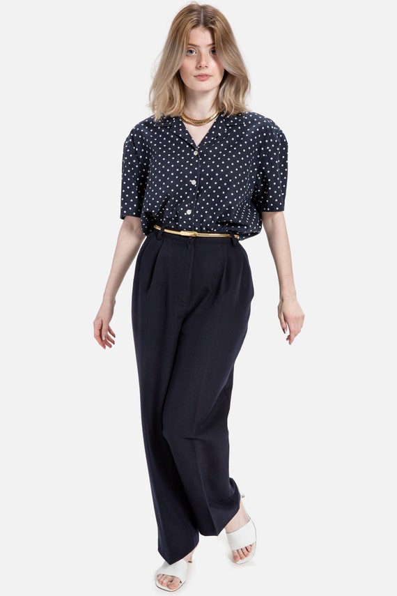 80s Navy Polka Dot Linen Top L - image 1