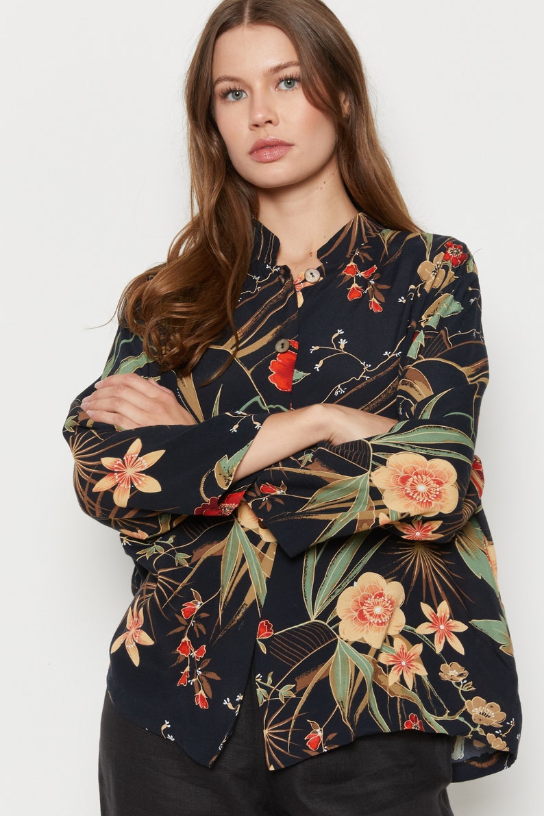 90s Black Floral Mandarin Collar Top XL image 2