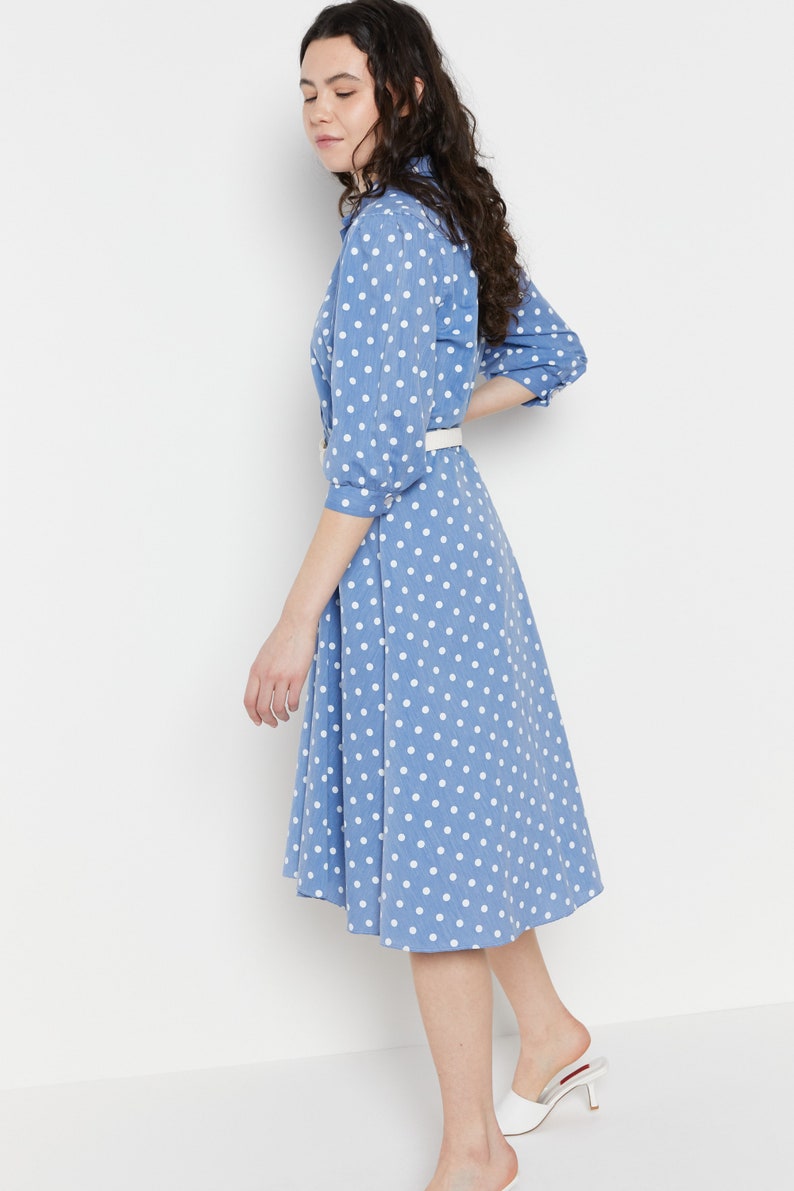 70s Blue Woven Polka Dot Sun Dress S/M image 5