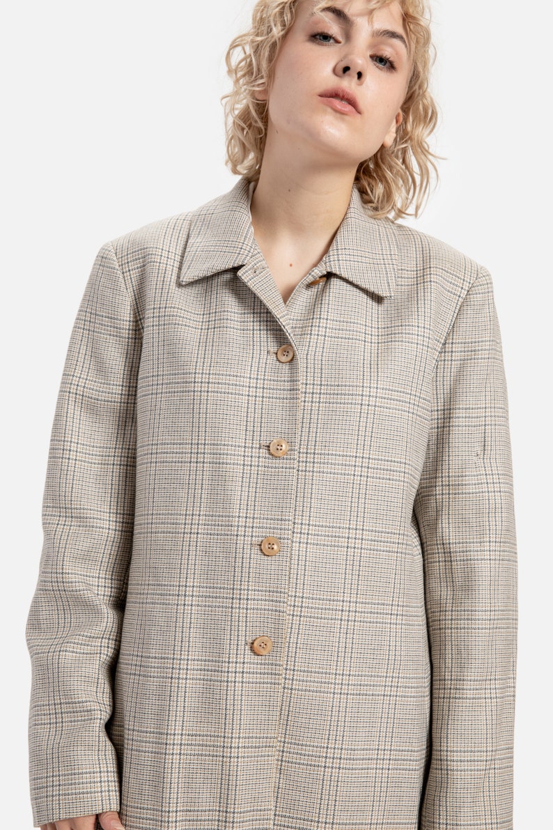 90s Grey Plaid Wool Coat L image 10