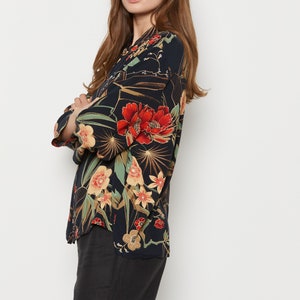 90s Black Floral Mandarin Collar Top XL image 4