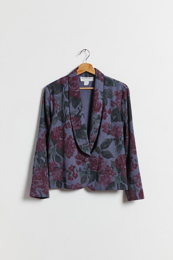 90s Slate Blue Watercolor Rose Blazer L