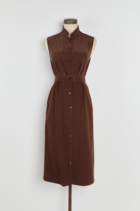 80s Brown Minimal Button Front Pencil Skirt