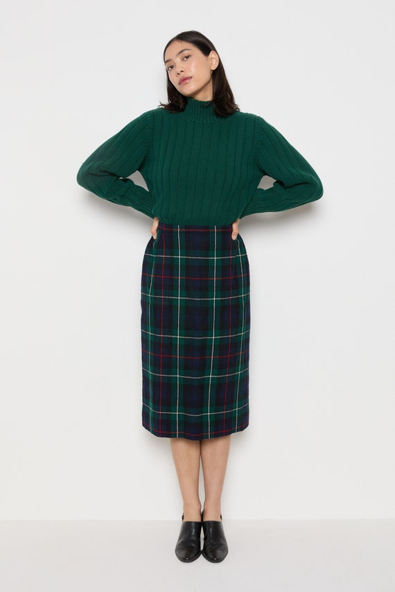 70s Navy Green Plaid Wool Skirt M