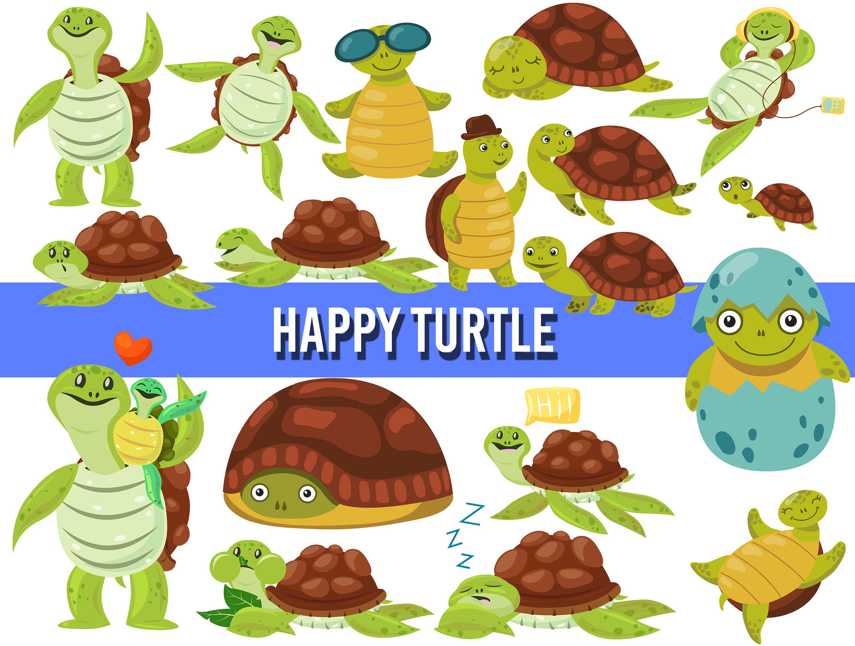 Cute Turtle Cartoon Clipart Happy Turtle Character Turtle - Etsy