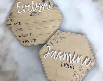 Hospital Name Announcement Sign - Floral Hexagon Name Sign - Birth Sign with Newborn Stats - Baby Nursery Decor - 3D Name Reveal Sign