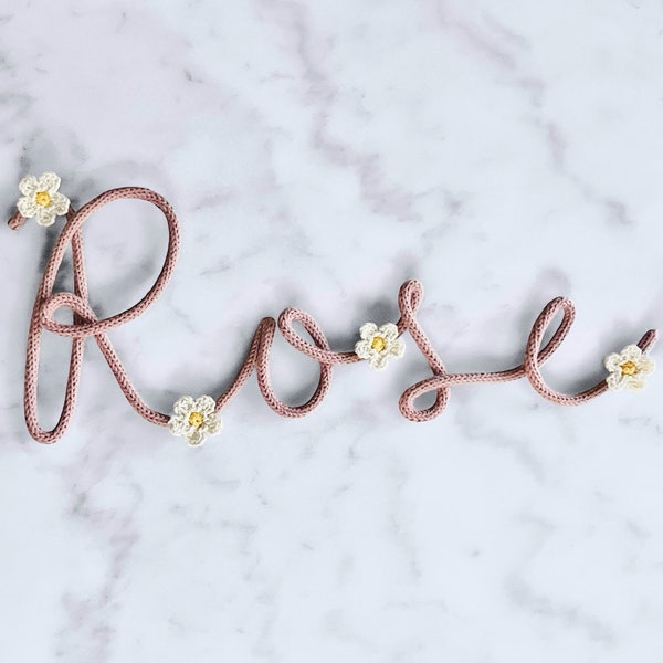 Personalized Floral Knit Name Sign - Custom Wire Nursery Sign - Flower Word Sign - Cursive Yarn Rope Name Decor