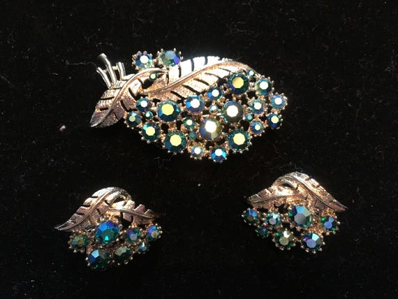 Vintage Crystal and Gemstone Brooch Set Vintage Austrian Crystal and Turquoise Brooch and Earrings  main image 3