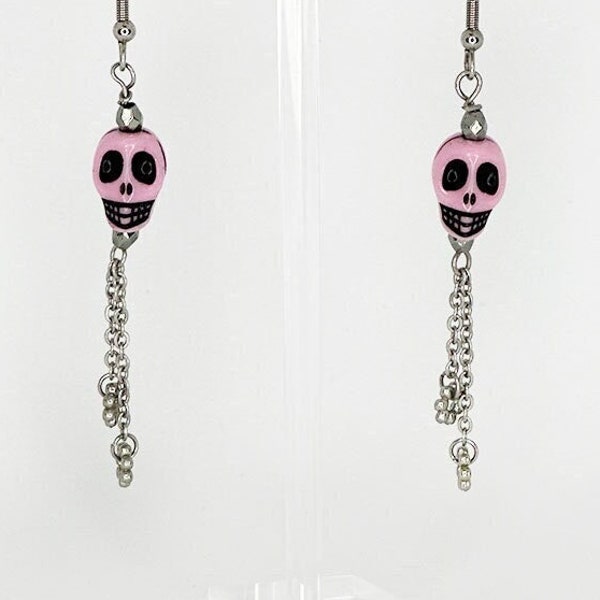 Pink Skull Dangle Earrings, Stainless Steel, Punk Alt Fashion Jewelry