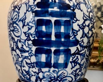 Vintage blauw-witte Double Happiness-chinoiserie-gemberpot op standaard